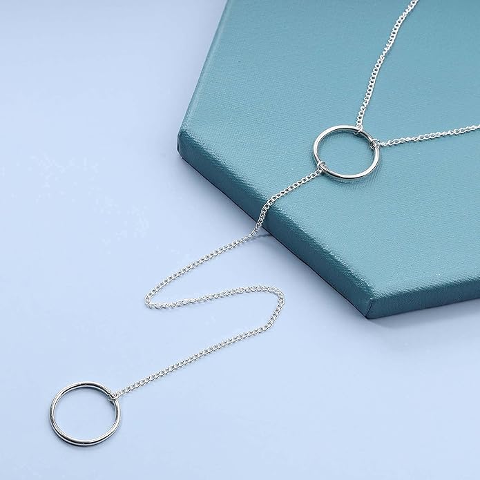 Boho Long Circle Pendant Necklace Silver Y Lariat Necklace Minimalist Y Drop Chain Necklace Jewelry for Women-VivaGrace Women