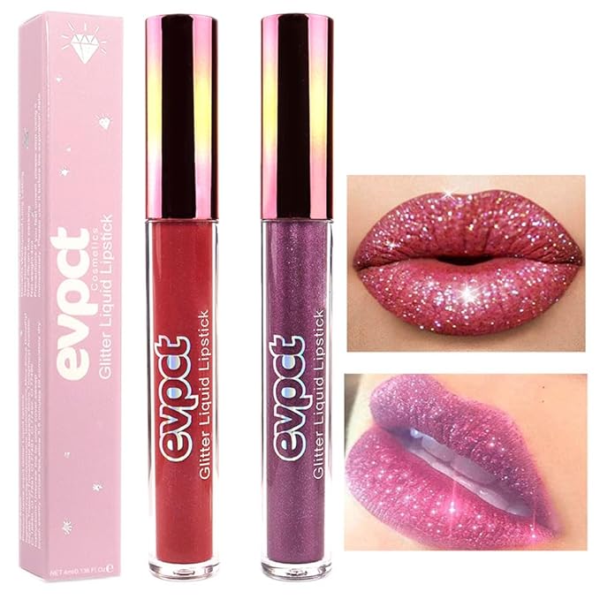 evpct 2Pcs Plum & Dark Wine Red Matte to Glitter Liquid Lipstick Long Lasting Lip Set Kit for Women Diamond Shiny Glitter Sparkly Glossy Metallic Shimmer Sparkle Waterproof Lipstick Lip Gloss 06+13-VivaGrace Women