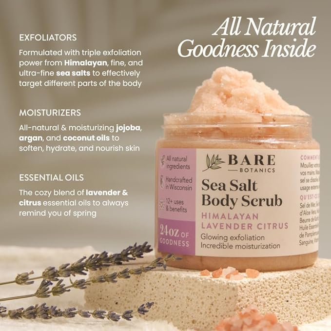 Bare Botanics Lavender Grapefruit Body Scrub 24 oz - Naturally Scented Himalayan Salt Scrub Made in Madison WI - Formulated w/Skin Loving Moisturizers - Cruelty Free Exfoliator w/a Cute Wooden Spoon-VivaGrace Women