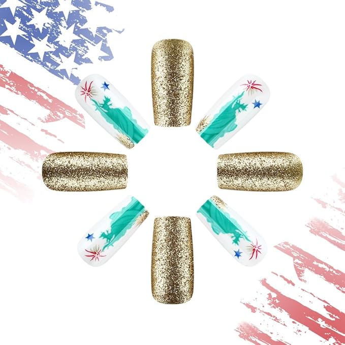 Independence Day Press on Nails Medium Square Fake Nails with Red Blue American Flag Fireworks Design Gold Glitter False Nails Full Cover 4th of July Glue on Nails for Women Girls Manicure 24Pcs