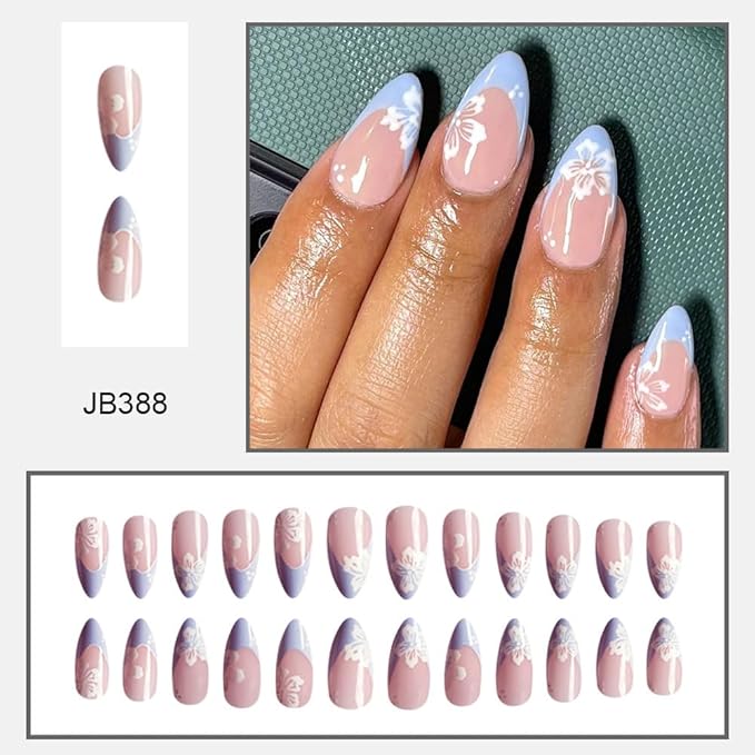 Blue French tips Press on Nails Medium Almond Fake Nails with Design White Flower Glue on Nails Glossy Spring Nails Reusable Summer False Nails for Women Girls Manicure 24pcs