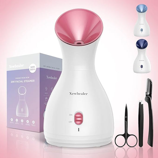 Newbealer 2in1 Facial Steamer, Hot Mist Facial Aromatherapy Humidifier Atomizer, Large Face Steamer Unclogs Pores Sinuses Moisturizing, Home Sauna Spa with Eyebrow Set (Red, 170ml)-VivaGrace Women