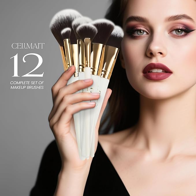 Makeup Brushes Set 12 Piece Professional & Beginner Friendly, Soft Synthetic Bristles for Face Eyeshadow Blending, Easy to Clean Travel Ready with Case, Ergonomic Wooden Handle Hypoallergenic (White)-VivaGrace Women