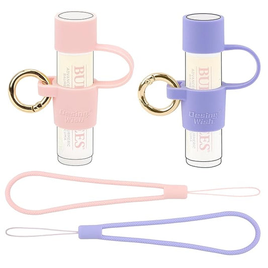 Desing Wish 2 PCS Silicone Lip Balm Holder with Cap Cover Portable Chapstick Holder Keychain Sleeve Lip Balm Key Chain with Key Ring and Wrist Strap Lanyard - Pink/Purple-VivaGrace Women