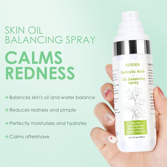 AUSLKA Salicylic Acid Oil Balancing Spray with 2% Salicylic Acid Regulates Skin Balance for Pimple and Oily Skin, Fruit Acid Spray for Face & Body (3.4 Fl Oz)-VivaGrace Women