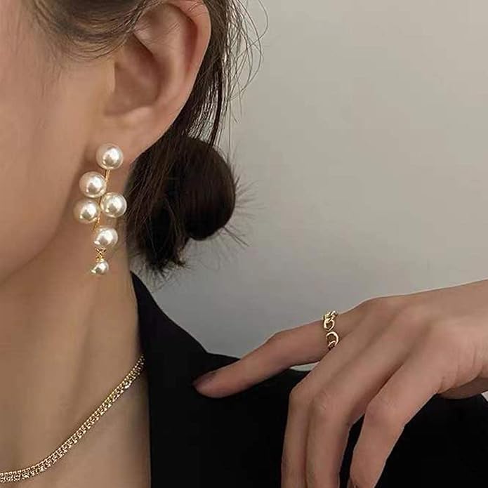 Boho Pearl Drop Earrings Long Pearl Tassel Earrings Gold Cluster Pearl Stud Earrings Bridal Pearl Earrings Wedding Earrings Jewelry for Women-VivaGrace Women