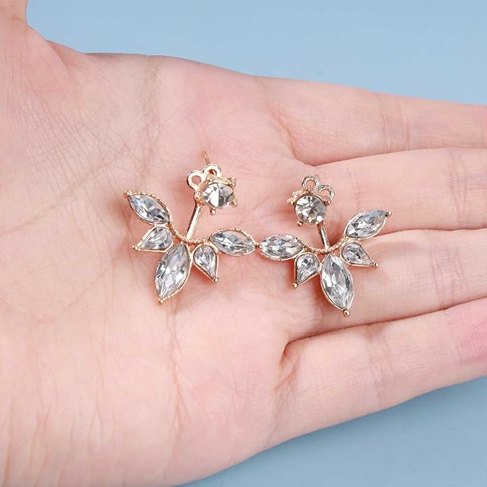 Boho Crystal Lotus Jackets Earrings Gold Crystal Studs Earrings Sparkle Rhinestone Ear Jackets Earrings CZ Ear Climber Earrings Wedding Earrings Jewelry for Women and Girls-VivaGrace Women