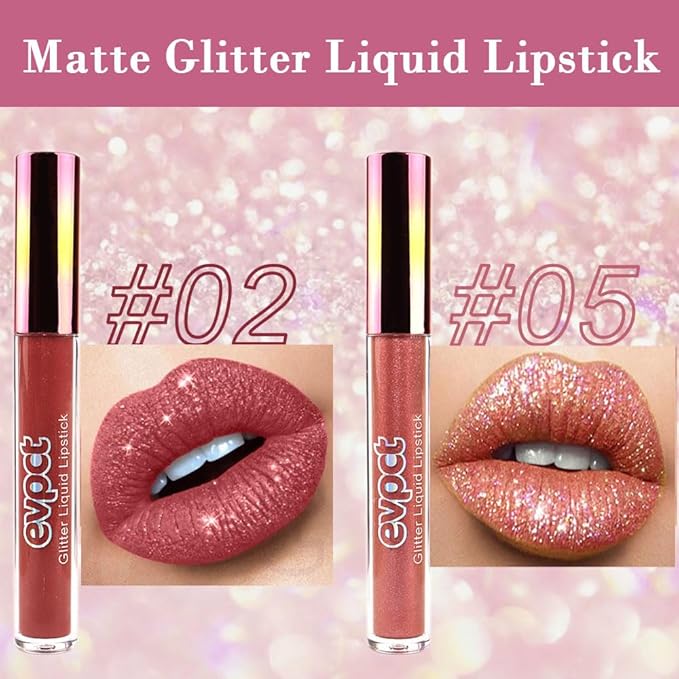 evpct 2Pcs Mauve Red & Bronze Gold Matte to Glitter Liquid Lipstick Long Lasting Lip Set Kit for Women Diamond Shiny Glitter Sparkly Glossy Metallic Shimmer Sparkle Waterproof Lipstick Lip Gloss 02+05-VivaGrace Women