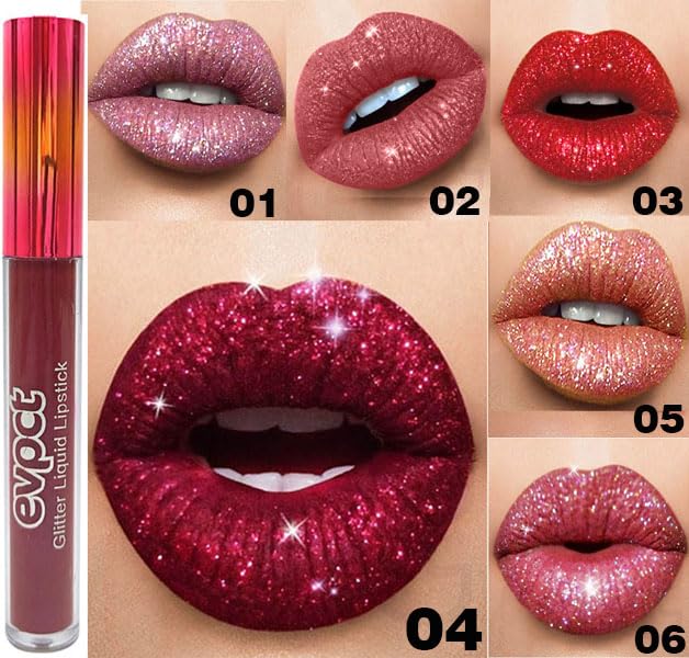 evpct 6Pcs Diamond Lip Gloss Matte to Glitter Liquid Lipstick Waterproof, Metallic Metal Shimmer Liquid Diamond Glitter Sparkle Sparkling Lipstick Lip Gloss Sets for Women Lips Kit, glitter+lipstick-VivaGrace Women