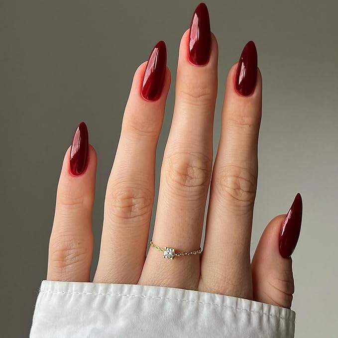 Medium Press on Nails Almond Fake Nails with Designs Burgundy Red Glue on Nails Glossy Stick on Nails for Women and Girls