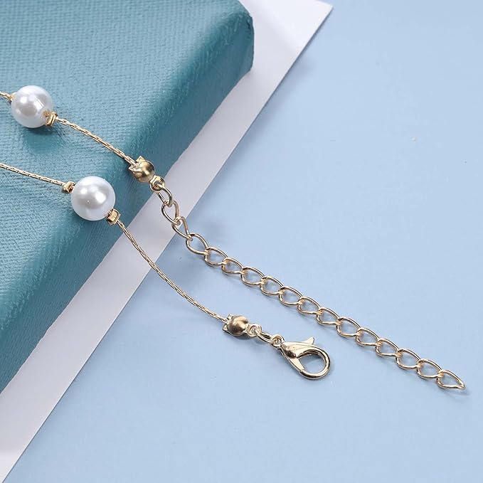 Boho Pearl Choker Necklace Floating Pearl Station Necklace Gold Tiny Pearl Beaded Necklace Chain Bridal Necklace Jewelry for Women and Girls Gifts-VivaGrace Women