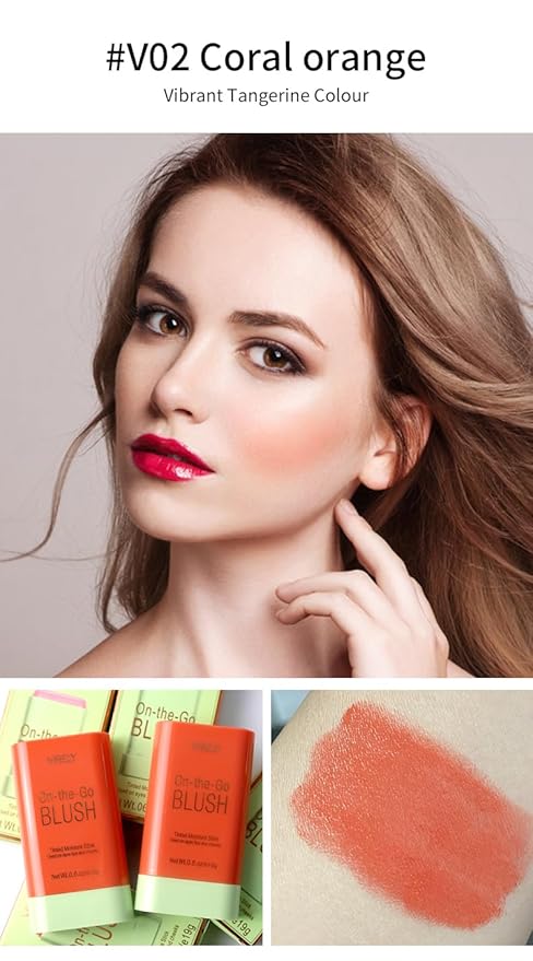 Multi-Use Makeup Blush Stick, Cream Blush Stick, Tinted Solid Moisturizer Stick for Cheek & Eyes & Lips, Waterproof Natural Nude Makeup, Suitable for All Skin (3#Coral Orange)-VivaGrace Women