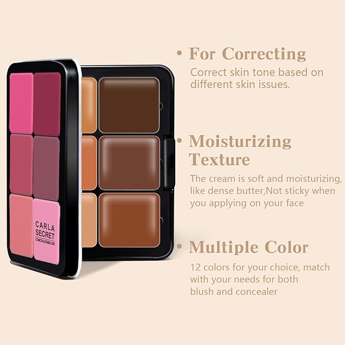 Cream Blush & Concealer Palette, 12 Colors, Long Wearing, Smudge Proof, Blendable Matte Finish, Face Makeup (02)-VivaGrace Women