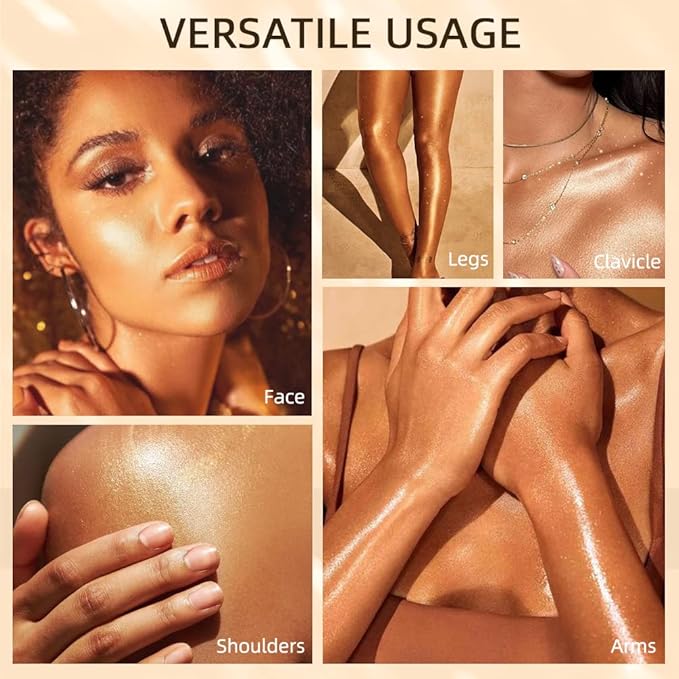 40ml Body Shimmer Oil,Face and Body Liquid Luminizer,Smooth Body Shimmer Oil For Sunshine Bath, Waterproof Moisturizing Light Shimmer Glow Illuminator,Liquid Highlighter Makeup,Makeup Brush Include (5#-Gold)-VivaGrace Women