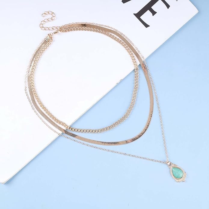 Vintage Layered Turquoise Necklace Turquoise Pendant Necklace Blue Stone Bead Choker Necklace Gold Snake Herringbone Chain Necklace Jewelry for Women-VivaGrace Women