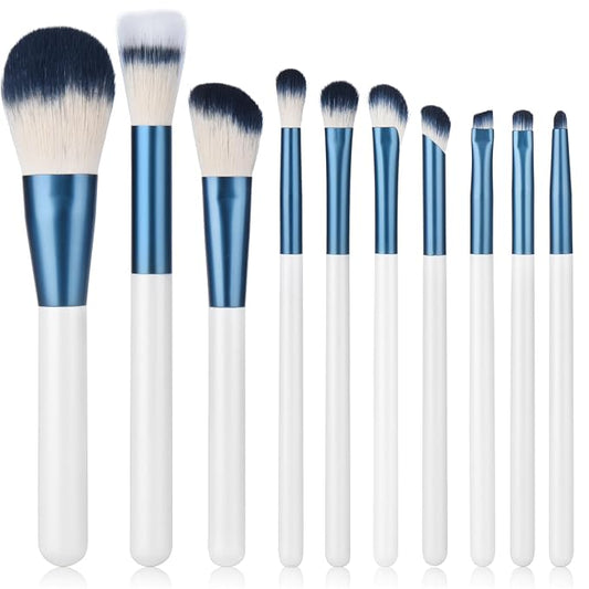 Makeup Brushes Set With Case 10Pcs White Makeup Brush Kit Foundation Eyeshadow Powder Blending Kabuki Eyebrow Eyelash Brushes Cosmetic Brush Travel Kit Gift (White+Blue)-VivaGrace Women