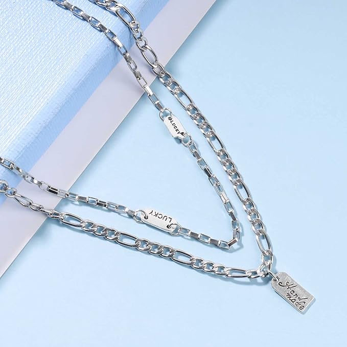 Boho Layered Silver Bar Necklace Choker Figaro Chain Necklace Vintage Layering Link Chain Necklace Geometric Necklace Jewelry for Women and Girls-VivaGrace Women