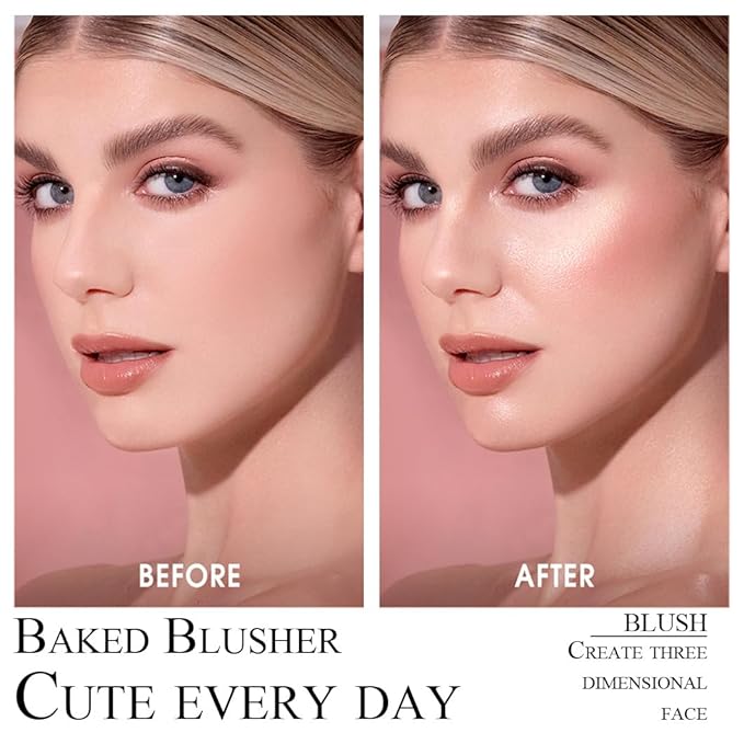 Baked Blush Powder, Natural Glow Blush Palette for Cheeks, Contour Brighten Highlight Face for a Shimmery or Matte Finish, Lightweight Blendable, Long Lasting Face Makeup #01-VivaGrace Women