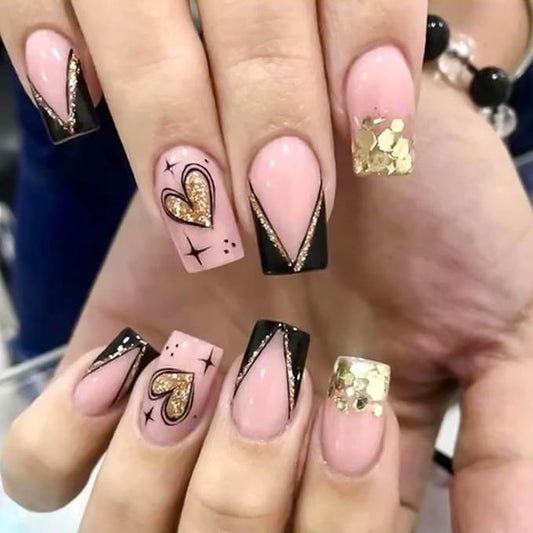 Valentine Day Press on Nails French Fake Nails Medium Square False Nails with Gold Glitter Heart Designs Valentine Nail Press ons Sparkly Artificial Nails Cute Stick on Nails for Women 24Pcs