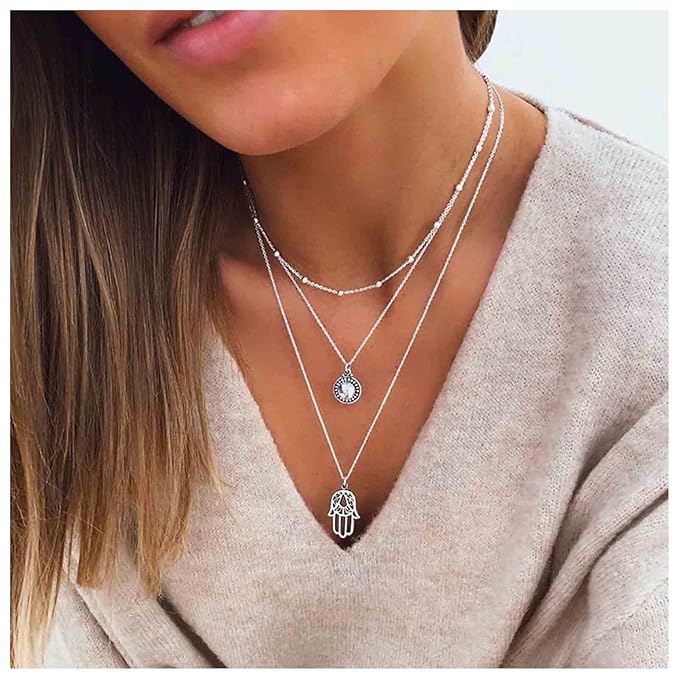 Boho Layered Opal Moonstone Necklace Silver Hamsa Pendant Necklace Futian Hand Necklace Chain Opalite Gem Necklace Jewelry for Women and Girls-VivaGrace Women