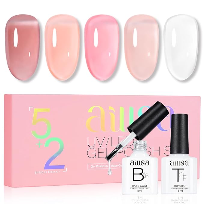 AILLSA 5+2 Nude Gel Polish Set Pink Milky White Jelly Gel Nail Polish with Base and Top Coat Neutral Sheer Colors Translucent Gel Polish for French Manicure Soak Off U V Gel Starter Kit DIY at Home