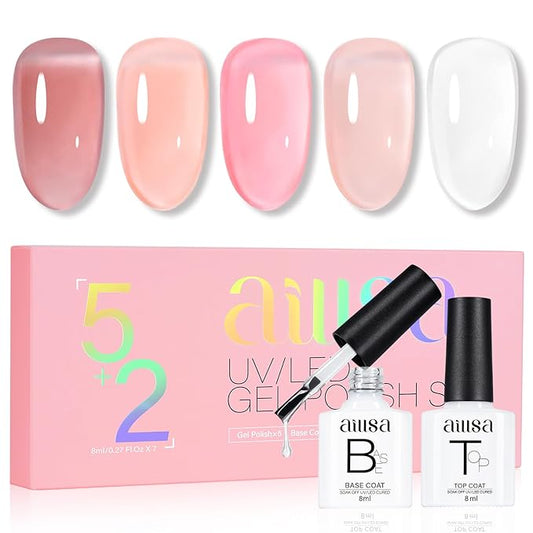 AILLSA 5+2 Nude Gel Polish Set Pink Milky White Jelly Gel Nail Polish with Base and Top Coat Neutral Sheer Colors Translucent Gel Polish for French Manicure Soak Off U V Gel Starter Kit DIY at Home