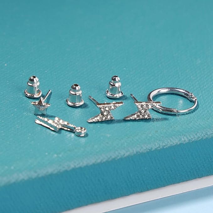 Bohemia Crystal Thunder Hoop Earrings Cz Lighting Bolt Studs Earrings Silver Lighting Drop Earrings Multiple Piecing Dot Earrings for Women and Girls-VivaGrace Women