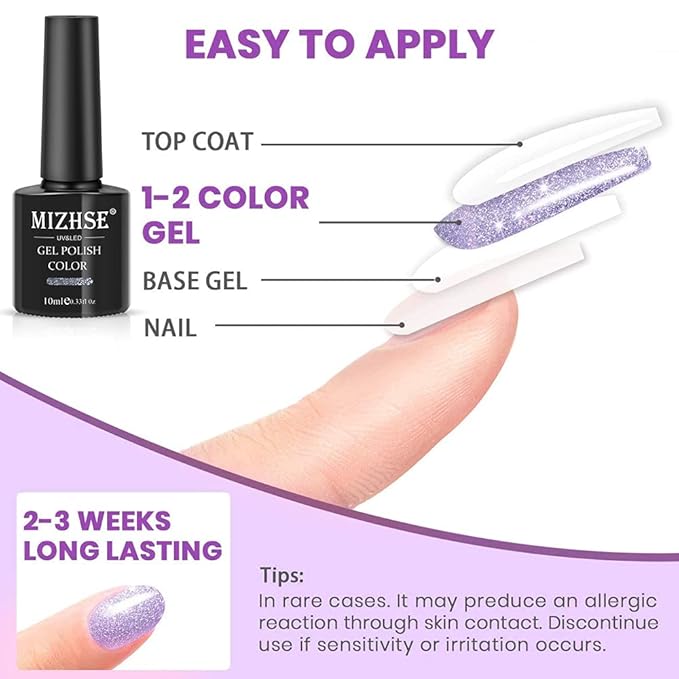 MIZHSE Glitter Gel Nail Polish, Reflective Purple Gel Polish 10ml, Sparkly Shiny Nail Gel, Soak Off Nail Art Salon Varnish Manicure DIY at Home for Beginners