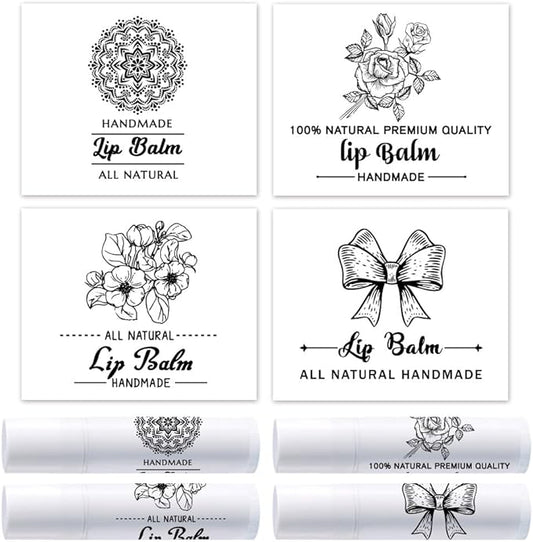 OLYCRAFT 100Pcs Self-Adhesive Lip Balm Tag Stickers 1.7x2.1 inch Adhesive Label with 4 Styles Patterns Rectangle Lipstick Tag Sticker for Lip Balm Container Tubes Lipstick Wrapping Decoration-VivaGrace Women