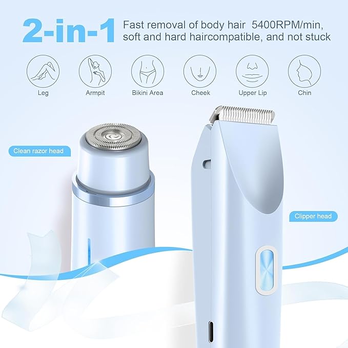 Bikini Trimmer for Women,Dermave Bikini Shaver,2-in-1 Electric Trimmer for Women(Light Blue)-VivaGrace Women