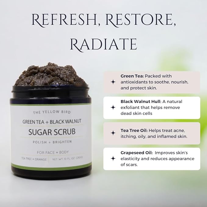 Natural Green Tea Sugar Scrub. Face, Body, and Foot Exfoliator. Helps with Moisturizing, Acne, Celluite, Wrinkles, and Exfoliating Dead Skin.-VivaGrace Women