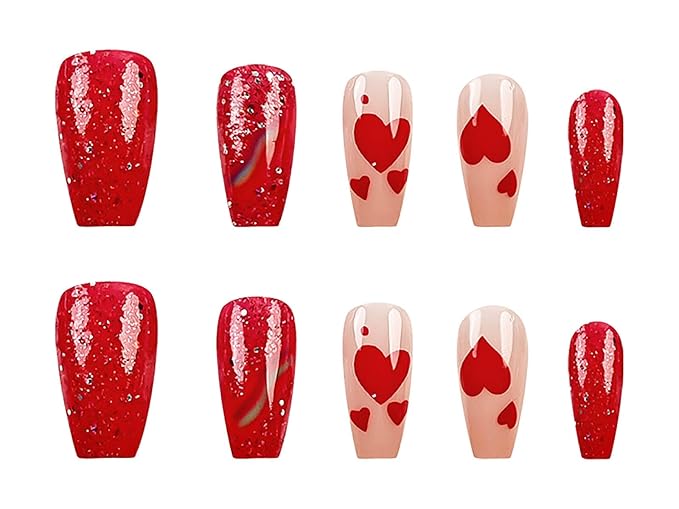 Medium Press on Nails Coffin Fake Nails Red Glitter False Nails with Heart Designs Rainbow Ombre Glue on Nails Sparkly Artificial Nails Cute Stick on Nails for Women 24Pcs