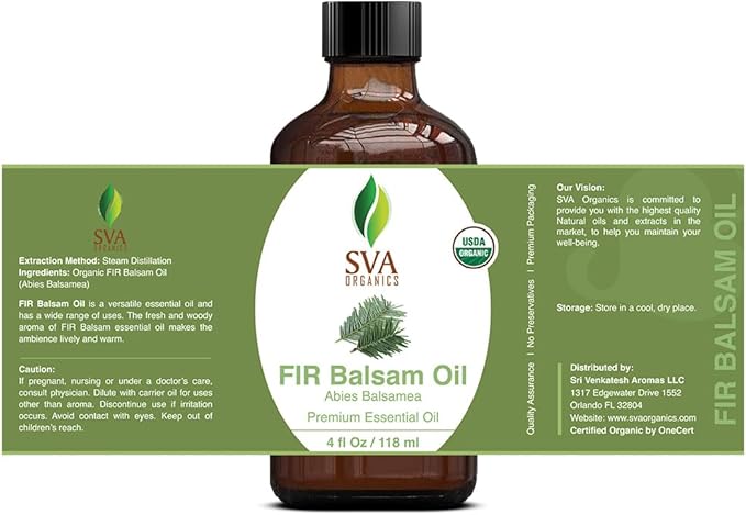 SVA Fir Balsam Essential Oil Organic – 4 Fl Oz – 100% Natural Organic Fir Oil - for Diffuser, Hair Care, Face, Skin Care, Aromatherapy, Scalp and Body Massage, Soap and Candle Making – with Dropper-VivaGrace Women
