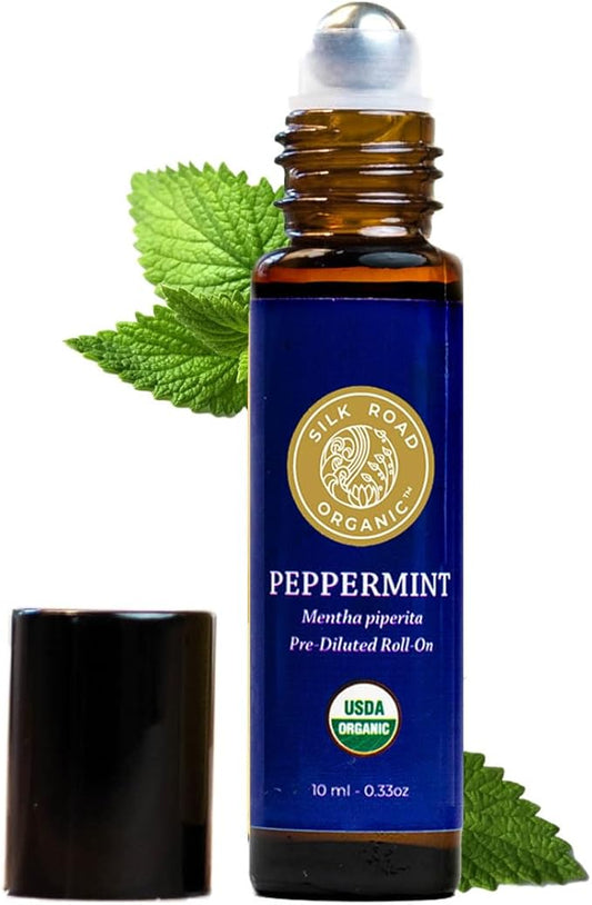 Silk Road Organic Peppermint Essential Oil Roll On, Mentha Piperita, 100% Pure USDA Certified Aromatherapy - Headache, Morning Sickness, Nausea, Energy & Hair - 10 ml Roller-VivaGrace Women