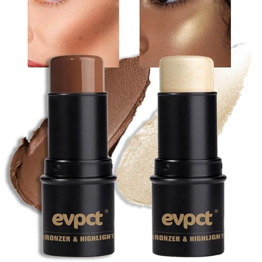 evpct 2Pcs Face Cream Contour Bronzer Sticks Makeup Highlighter Highlight Dark Brown Gold Creme Cheek Contour Sticks contorno en crema Bronzing Foundation Face Contour Stick Kit, 11+12 New Neutral-VivaGrace Women
