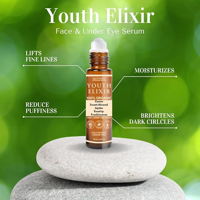 Youth Elixir - Roll On Facial Serum For Under Eyes and Face with Certified Organic, Cold Pressed, Hexane Free Castor, and Frankincense Oil - Miracle Anti-Aging Oil 10mL-VivaGrace Women