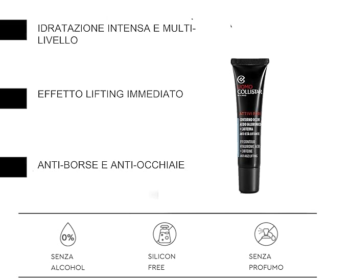 Collistar Uomo Attivi Puri Contorno Occhi Acido Ialuronico + Caffeina Anti-età Liftante, Eye Contour Hyaluronic Acid 15 ml, 0.5 Fl Oz Made in Italy [italian import]-VivaGrace Women