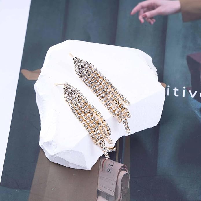 Vintage Rhinestone Chandelier Tassel Earrings Crystal Chain Drop Earrings Gold Long Tennis Chain Earrings Shine Chandelier Bridal Earrings Jewelry for Women-VivaGrace Women