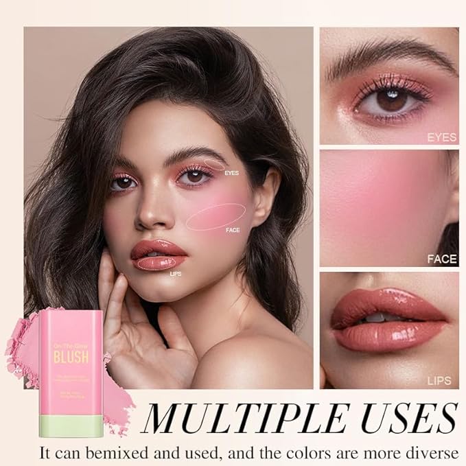 3-in-1 Cream Blush Stick for Cheeks Lips Eyes, Waterproof Natural Finish Tinted Makeup Stick, Hydrating Multi-Use Blush Balm-VivaGrace Women