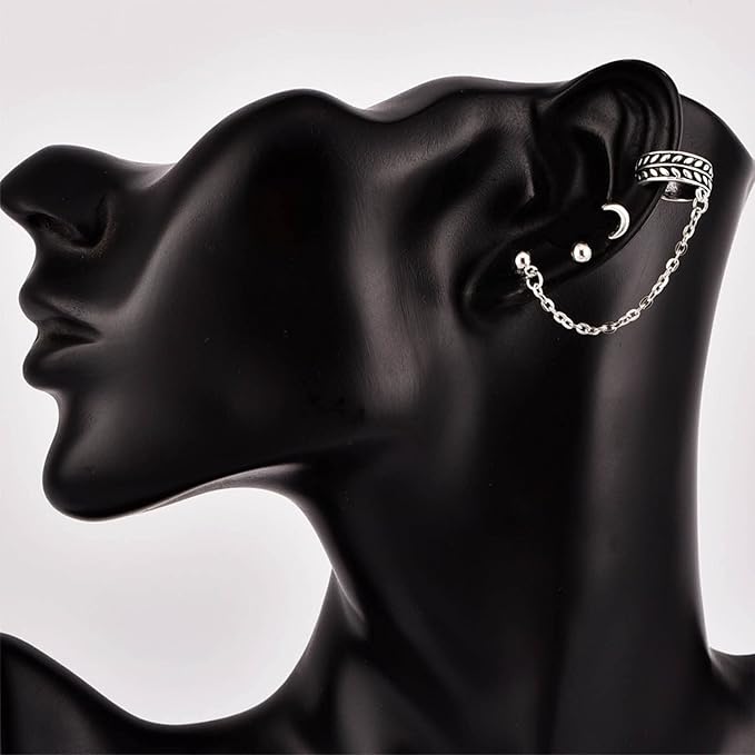 Bohemia Moon Cuff Chain Earrings Silver Chain Climber Dangle Earrings Tassel Chain Cartilage Earrings Chain Drop Dangle Earrings Set for Women and Girls-VivaGrace Women