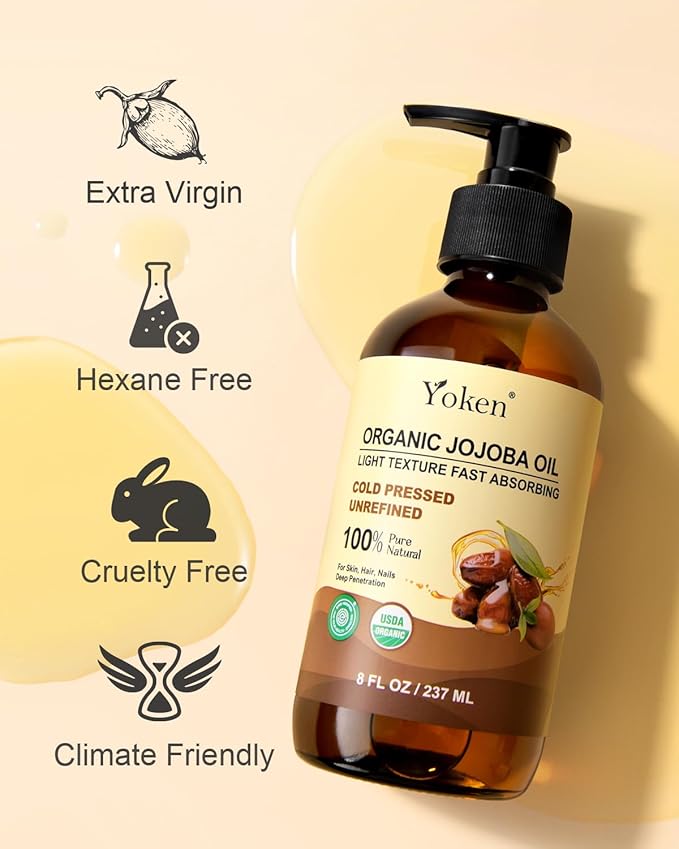 Yoken Organic Jojoba Oil Glass Bottle 8 fl oz, USDA Certified 100% Pure & Natural Jojoba Oil for Hair, Skin & Face, Cold Pressed Unrefined Hexane Free, Deeply Moisturizing Body Serum Oils for Gua Sha-VivaGrace Women