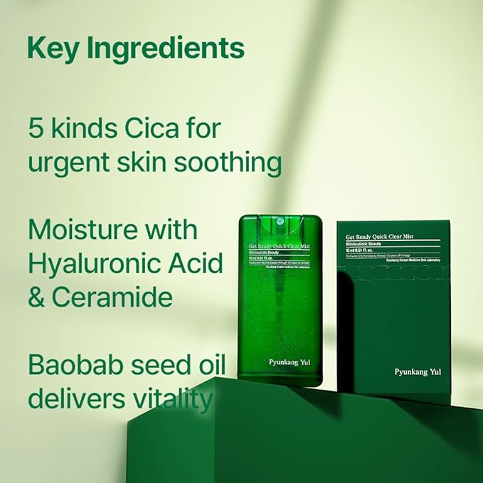 Pyunkang Yul PKY Ultimate Get Ready Quick Clear Mist for Sensitive Skin, Intensely Calms & Soothes Redness with Cica & Tea Tree, Compact size, Korean Skincare (0.51 Fl. oz, 15ml)-VivaGrace Women