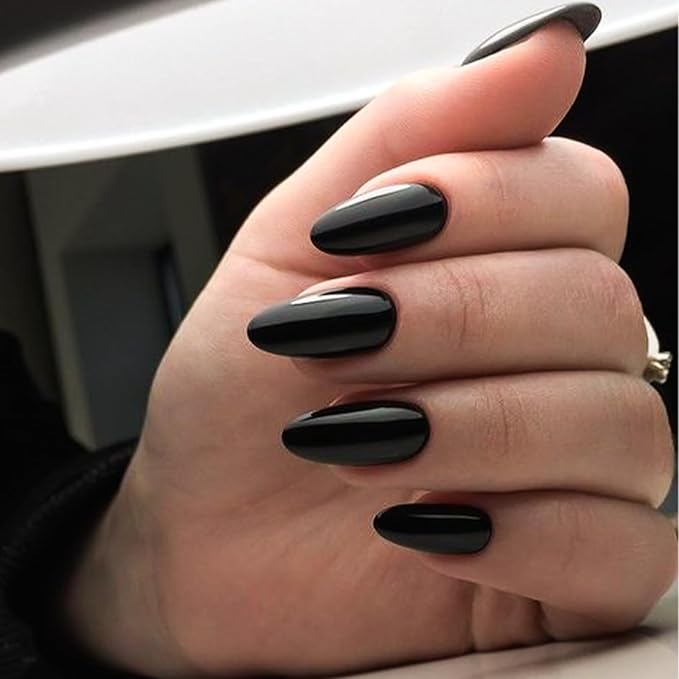 Black Fake Nails Medium Press on Nails Almond Glossy Acrylic Glue on Nails Full Cover Artificial False Nails for Women and Girls