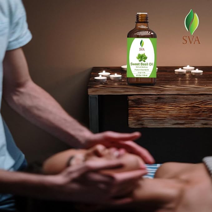 SVA Sweet Basil Essential Oil – 4 Fl Oz – 100% Natural Basil Oil - for Diffuser, Hair Care, Face, Skin Care, Aromatherapy, Scalp and Body Massage, Soap and Candle Making – with Dropper-VivaGrace Women