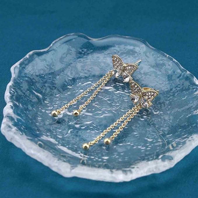 Vintage Crystal Butterfly Stud Earrings Gold Long Chain Earrings Thin Drop Chain Earrings Cz Paved Butterfly Earrings Retro Hanging Chain Earrings Jewelry for Women and Girls-VivaGrace Women