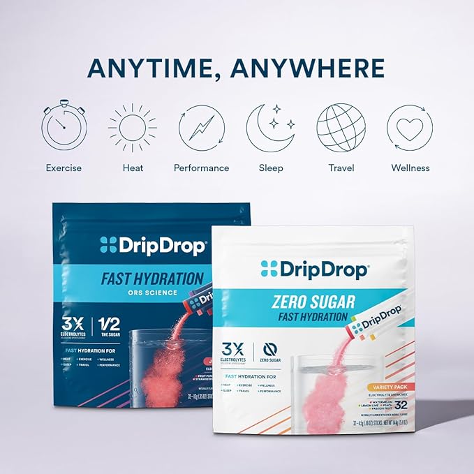DripDrop Sugar Free Hydration Packets - Zero Classic Variety Pack - Single Serve Electrolytes Powder Drink Mix - Lemon Lime, Watermelon, Peach, Passion Fruit - Non-GMO, Gluten Free, Vegan - 16 Sticks-VivaGrace Women