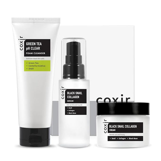 coxir BLACK SNAIL GIFT SET /Gift Set Birthday present /Foam Cleanser+Serum+Cream/Black Rice, Bean, Sesame, Snail Mucin, Collagen, Peptide l Repairing&Firming l Korean Skin Care-VivaGrace Women