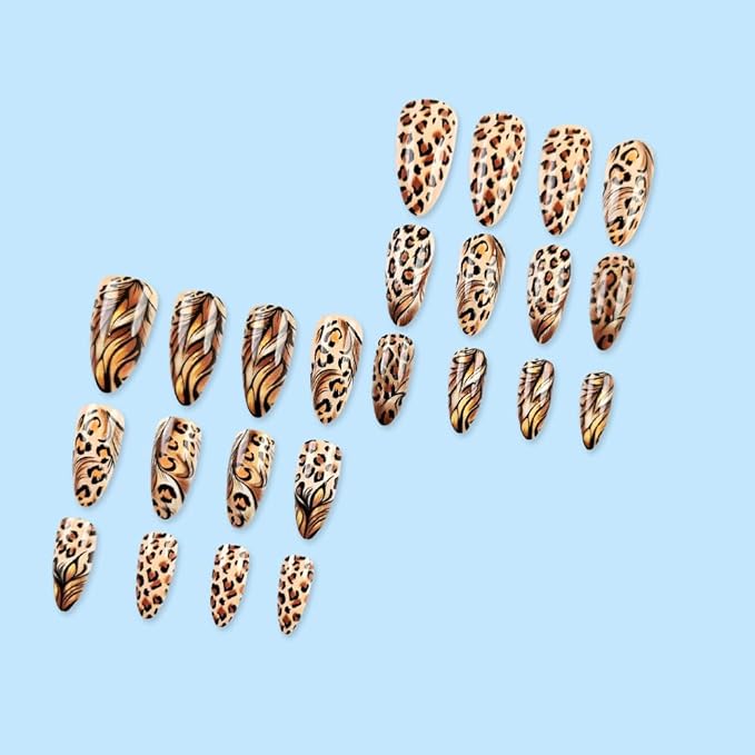 Leopard Press on Nails Medium Almond Fake Nails Fall False Nails with Design Cheetah Glue on Nails Glossy Reusable Summer Nails for Women Girls Manicure 24pcs