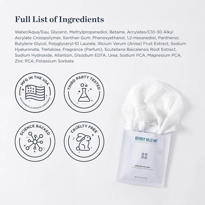 Ageless Volume Hyaluronic Face Mask- Reduce Appearance of Wrinkles, Anti Aging Formula for Plump, Moisturized Skin- 8 Pack- Hydrating & Firming Gentle Sheet Mask-VivaGrace Women