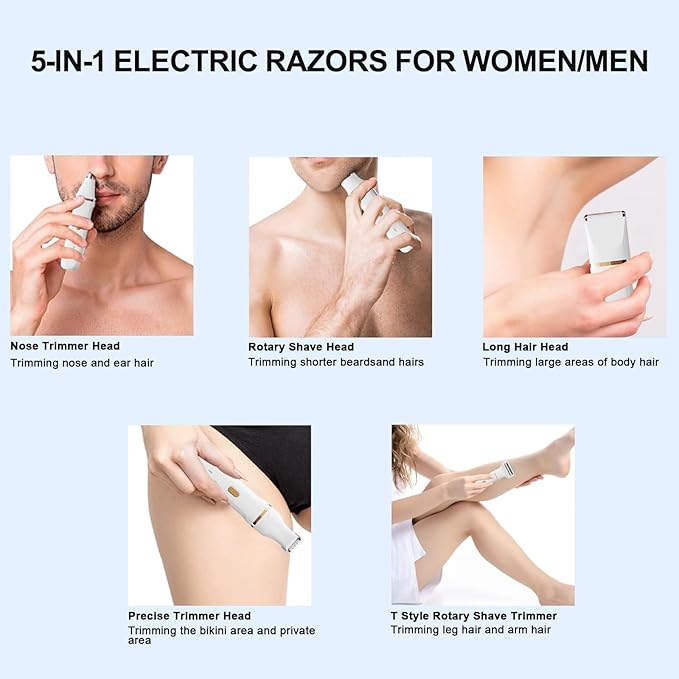 ele ELEOPTION Electric Razors for Women 5-in-1 Waterproof Wet Dry Electric Shaver with USB Charge Dock, Legs Hair Remover, Body Shaver for Beard Bikini Trimmer for Women White-VivaGrace Women